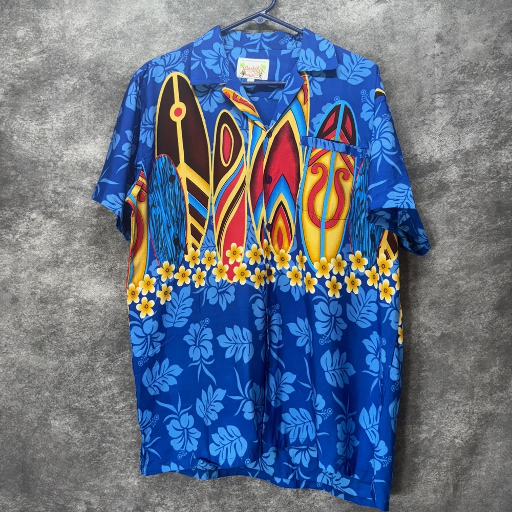Vintage Waikiki Creations Hawaiian Surfboard Print Aloha Shirt Men's L Blue Tiki